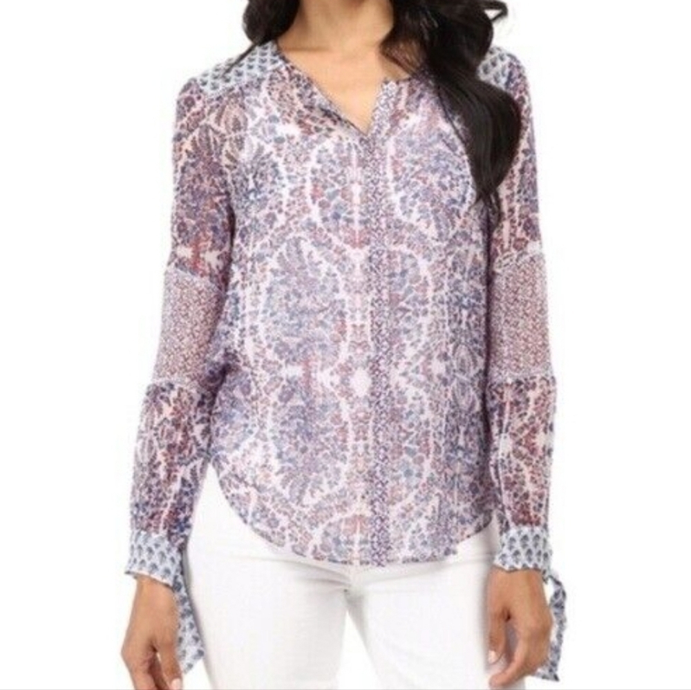 Rebecca Taylor Blue Tie Cuff Silk Chiffon Hobo Semi Sheer Printed Top - Size 4